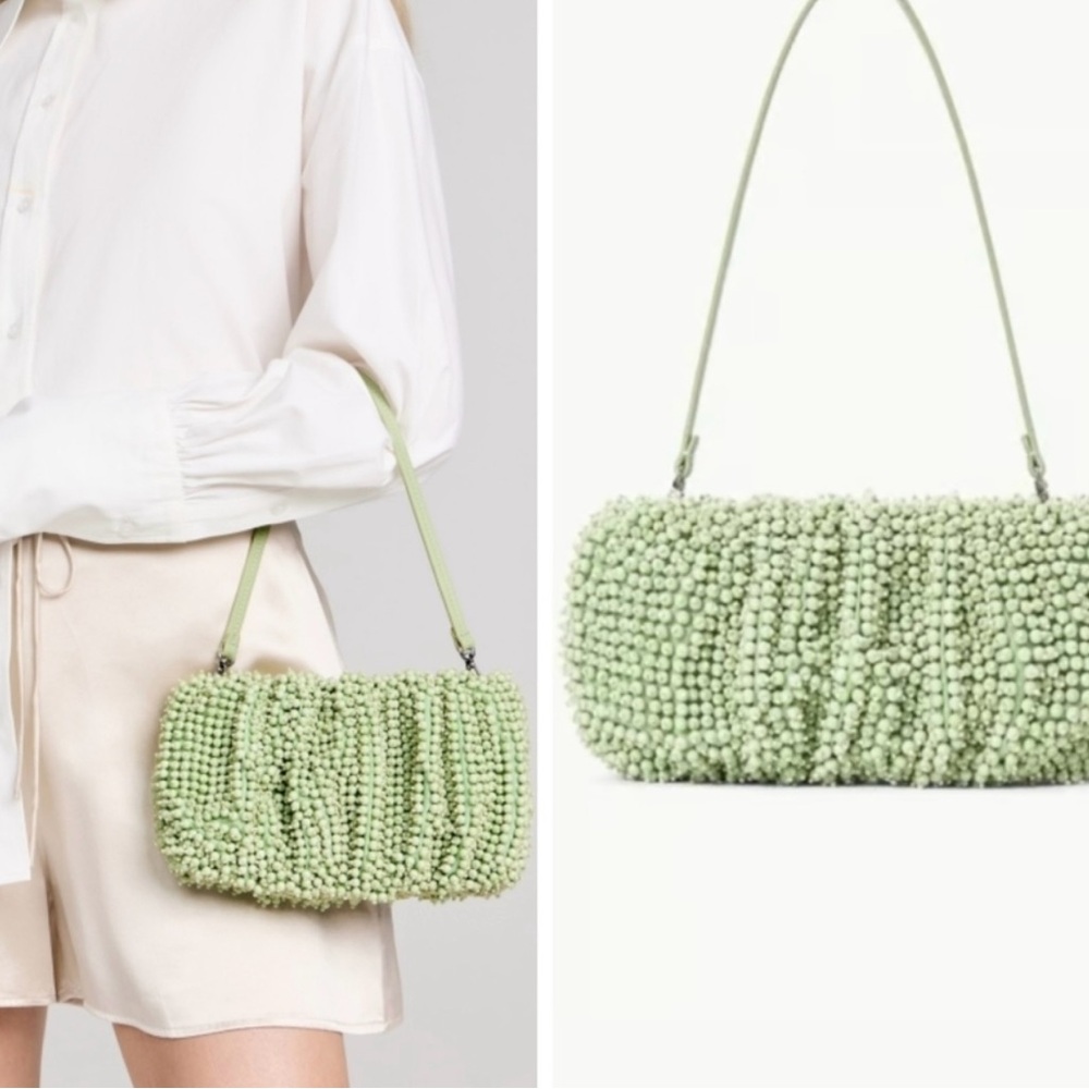 STAUD Light Green Beaded Matcha Shoulder Bag